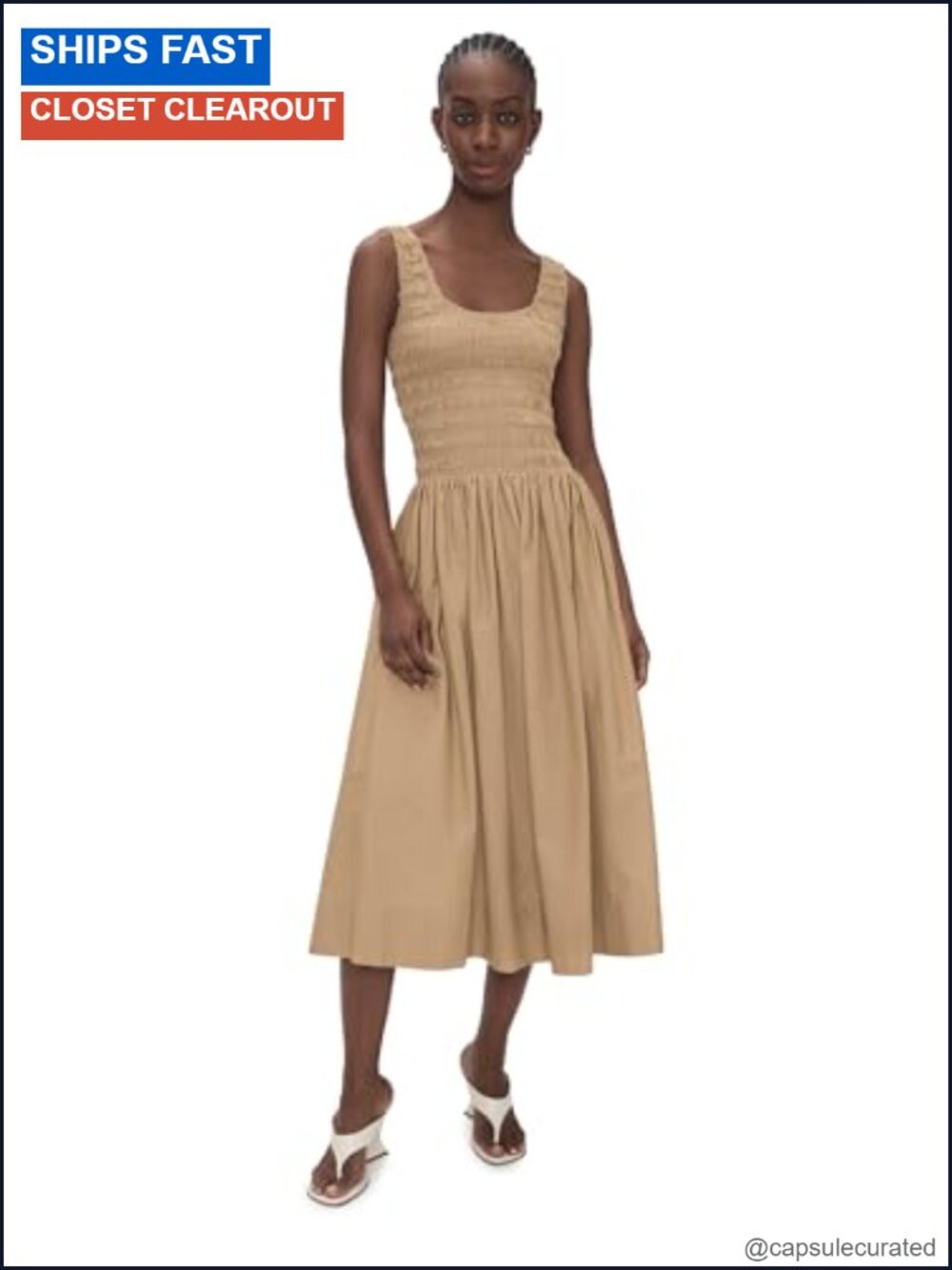Alessia Midi Dress Lightweight Poplin Smocked Bodice Side Pockets